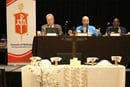 Council of President Tracy S. Malone (center), who also leads the Indiana Conference, addresses her fellow bishops and those watching on livestream on May 2, final day of the Council of Bishops 2025 spring meeting in Chicago. The bishops released a statement late that day trying to ease concerns about a Judicial Council ruling on same-sex weddings. Sitting beside Malone, from left, are Horizon Texas Conference Bishop Ruben Saenz Jr., president-designate, and Bishop L. Jonathan Holston, secretary. Holston leads the Alabama-West Florida and North Alabama conferences. Photo by Rick Wolcott, Council of Bishops.