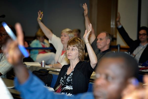 Committee members vote on proposed legislation during the 2012 United Methodist General Conference. Similarly, in the local church those elected to serve on a committee have voice and vote when the committee makes decisions. Photo by Paul Jeffrey, UM News.