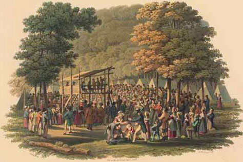 Artist rendering of a Methodist camp meeting. 