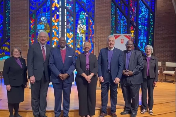 The Council of Bishops of The United Methodist Church officers from left: Ecumenical Officer Bishop Rosemarie Wenner, Immediate Past President Bishop Thomas Bickerton, Secretary Bishop Jonathan Holston, President Bishop Tracy S. Malone, President Designate Bishop Ruben Saenz, Executive Secretary Bishop Gregory Palmer and Ecumenical Officer Bishop Hope Morgan Ward. (Photo courtesy of the Council of Bishops)