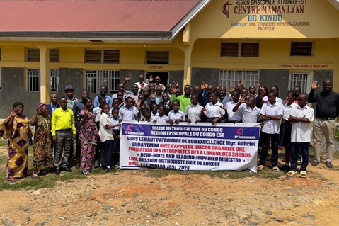 Members of Lokole United Methodist Mission in Kindu rejoice as they launch a new ministry dedicated to serving people who are hearing impaired. Photo by Chadrack Londe.