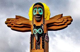 A replica of the Easter Totem Pole by the Rev. David K. Fison stands outside Saint John United Methodist Church in Anchorage, Alaska. Photo courtesy of Saint John UMC. 
