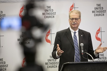 Bishop Kenneth H. Carter, president of the Council of Bishops, speaks to the press following the conclusion of the 2019 United Methodist General Conference in St. Louis. Photo by Kathleen Barry, United Methodist Communications. Bishop Kenneth H. Carter, president of the Council of Bishops, speaks to the press following the conclusion of the 2019 United Methodist General Conference.