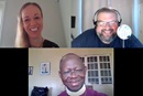Bishop John Yambasu, Megan Klingler and Joe Iovino converse via conference call for an episode of Get Your Spirit in Shape podcast. Screen shot of conference call by United Methodist Communications.