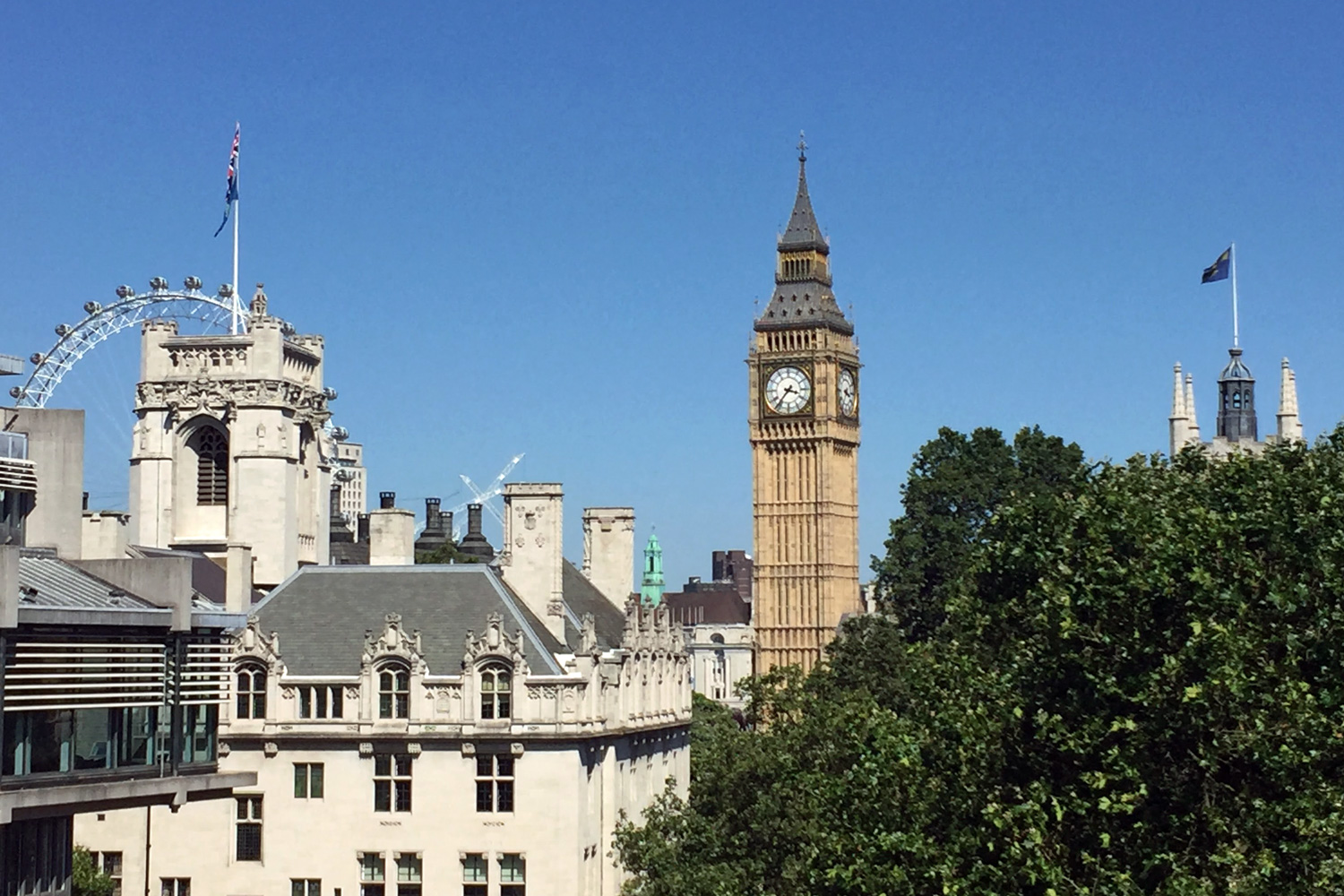 A view of the London Eye and Big Ben from the balcony of Methodist Central Hall.