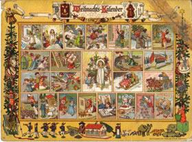 Vintage Advent calendar, "Im Lande des Christkinds," featuring art by Richard Ernst Kepler. Published by Gerhard Lang in Munich. Photo by Lewenstein, courtesy Wikimedia Commons.
