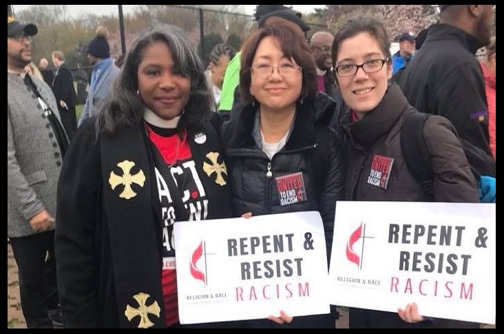 The United Methodist Women's Racial Justice Charter has advocated for racial equality for more than 40 years. Pictured (l-r): Dionne P. Boissier, Sung-ok Lee, Emily Jones, at a 2018 event. Photo courtesy of United Methodist Women