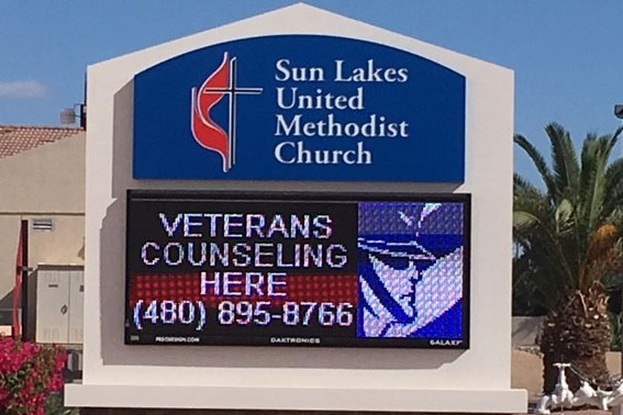 Sun Lakes United Methodist Church's sign advertising Veterans Counseling. 