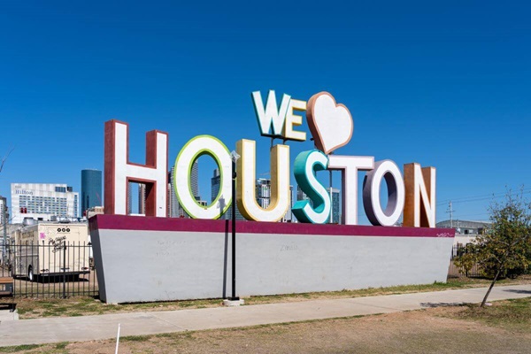 We Love Houston sign in downtown Houston, TX