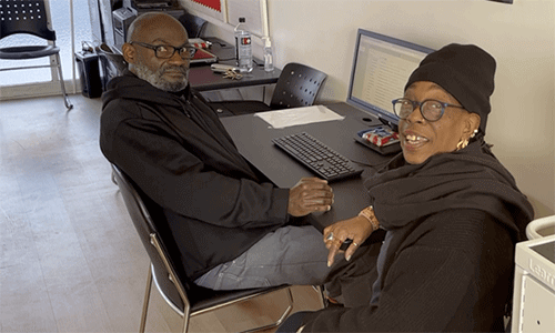 Latanya Cunningham (right) works with Charles, a Saint Mark computer lab client, to help familiarize him with email and other applications, easing his entrance into the virtual world. Photo: Courtesy of St. Mark UMC in South Los Angeles.