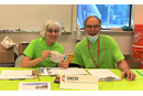 Volunteers Susan Nunn and Steve Elliott, CDRC for Cal-Nev Conference, at an UMCOR California-Nevada table offering supplies, kits, referrals and other resources to fire survivors. (Photo: California-Nevada Conference)